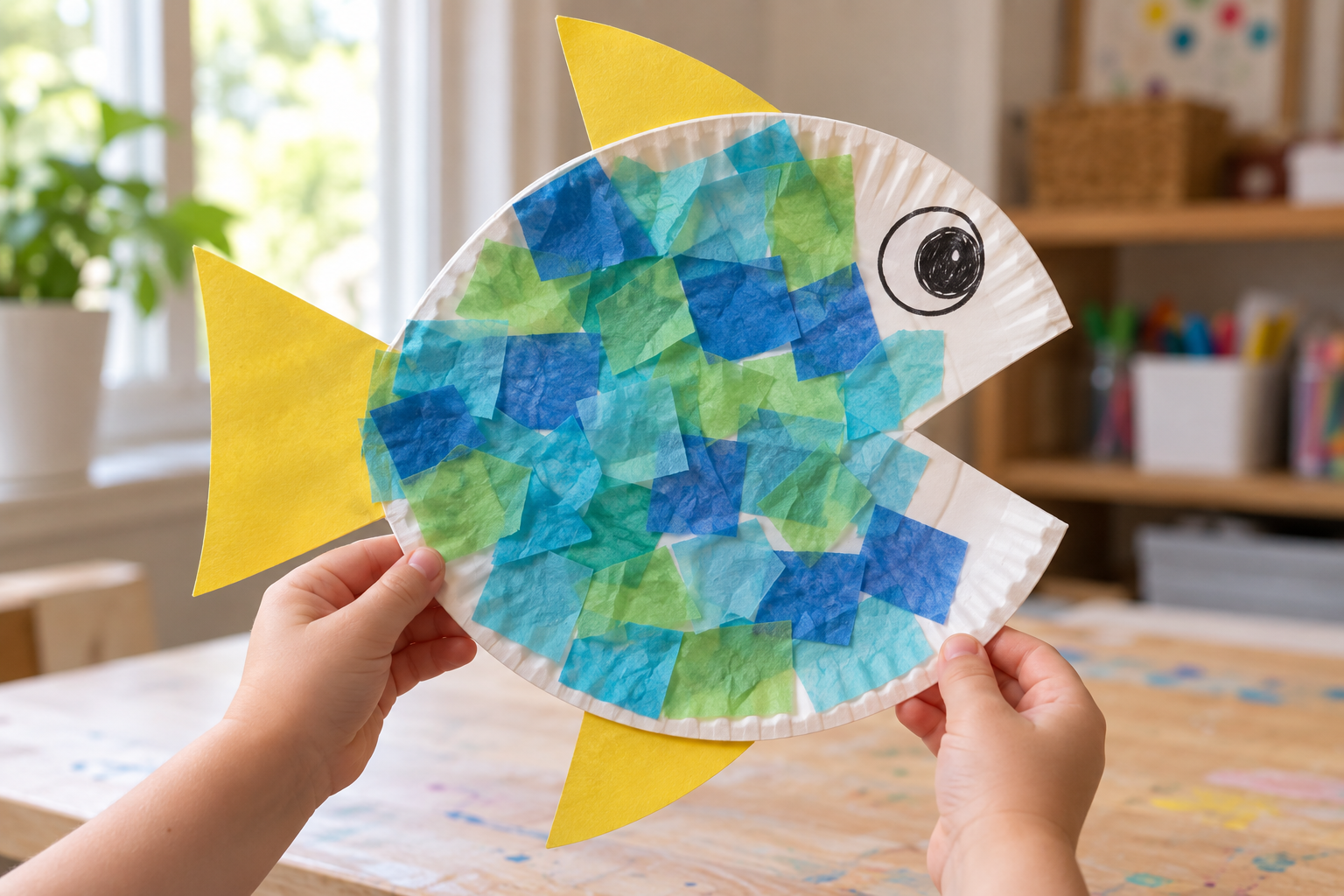 Toddler Fish Craft with a Paper Plate and Tissue Scales