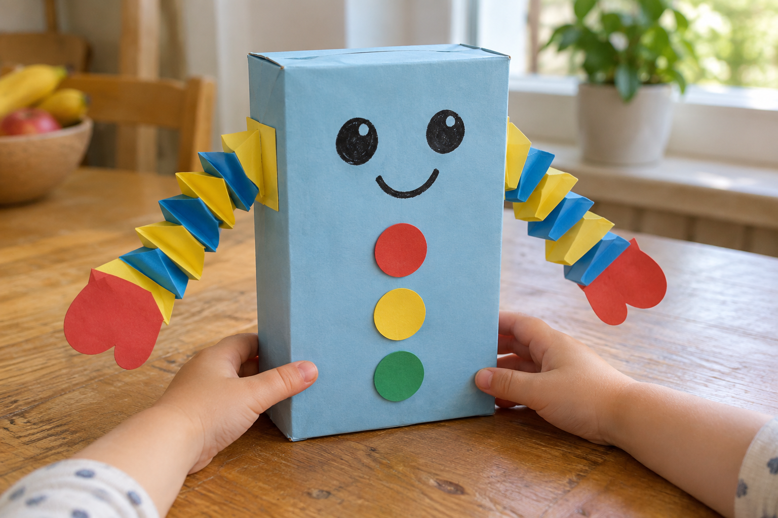 Toddler Robot Craft with a Box and Accordion Paper Arms